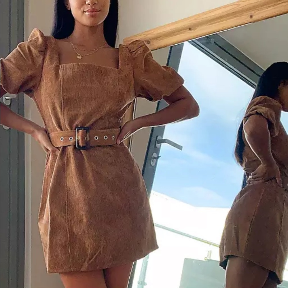 Missguided Petite cord skater dress with puff sleeves